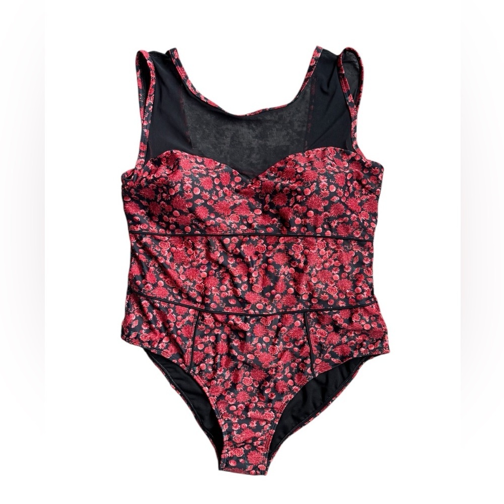 MeetCurve Red Floral Swimsuit 2XL Mesh Back Tummy Control Sexy & Supportive 0017